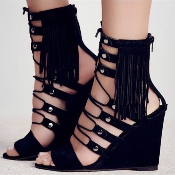 Free People Solstice Suede Fringe Wedge Sandals Black - Picture 1 of 16